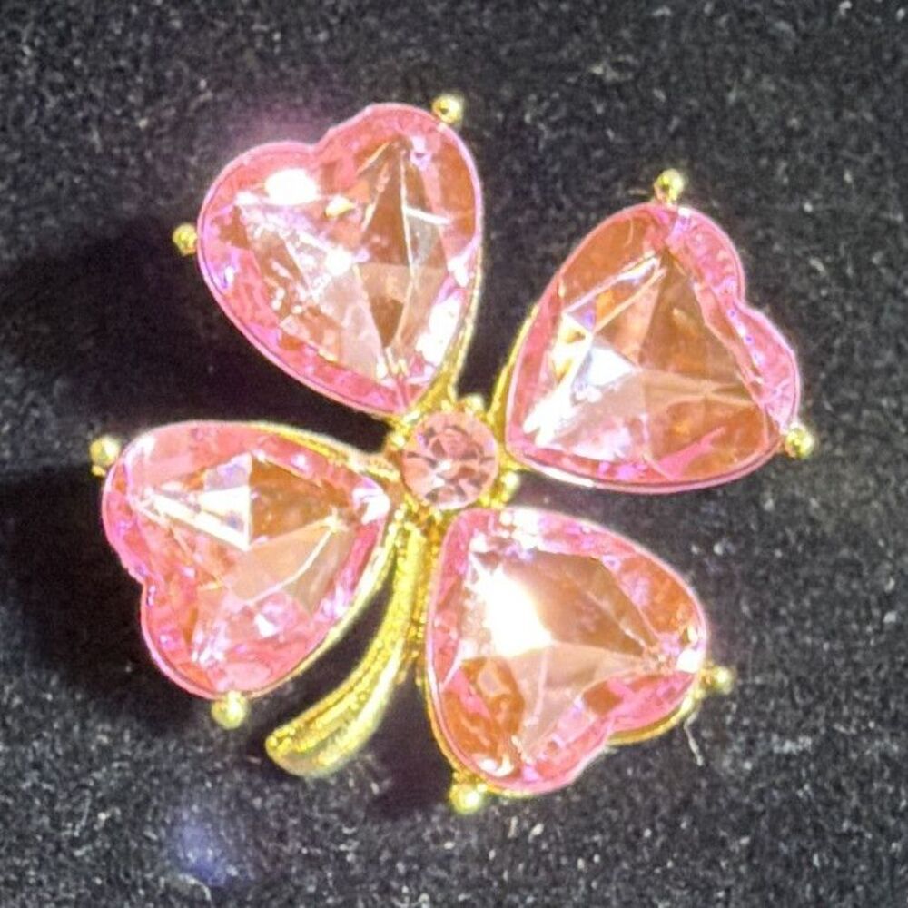 Pink Heart Rhinestone Four-Leaf Clover Brooch Pin Gold Tone 1 in